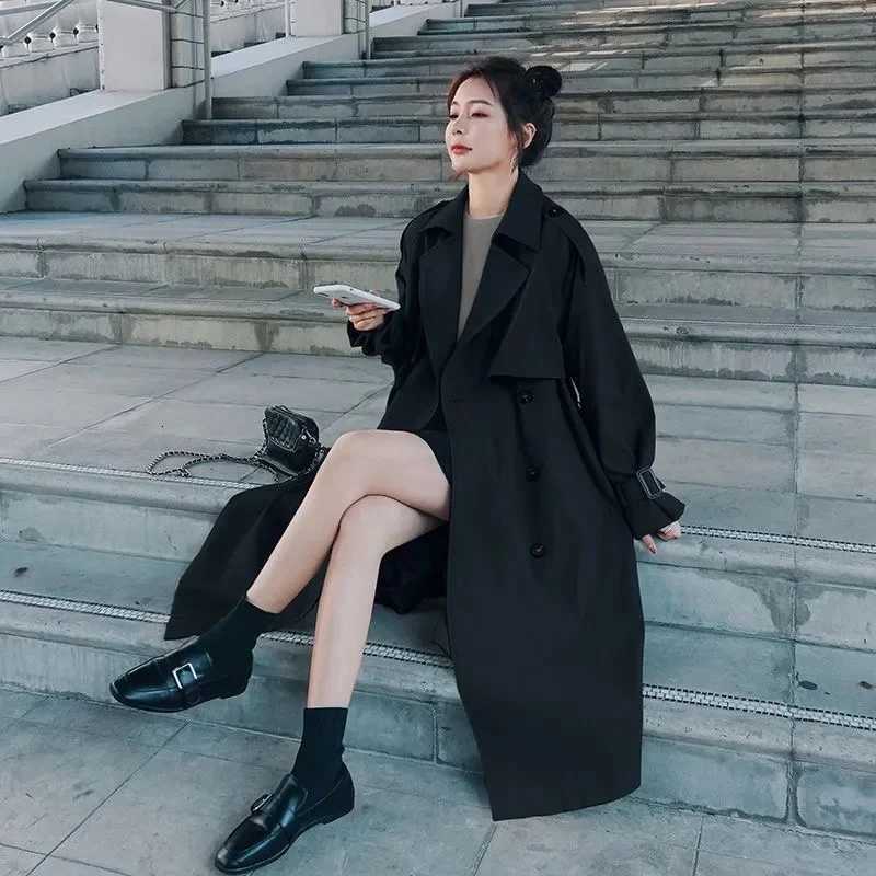 2025 Women British Style Windbreaker Streetwear Double Breasted Trench Coats Elegant Autumn Khaki Black JacketsT251226