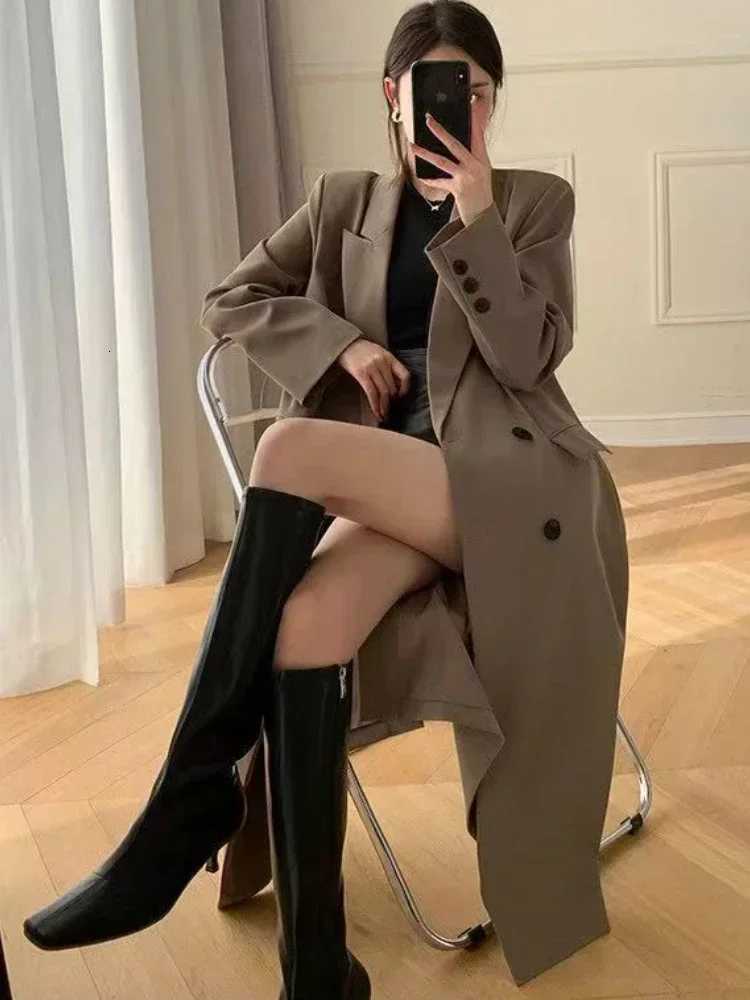 Trench Coat for Women Suit Collar Double-breasted Solid Color Long Coat Elegance Office Lady Jackets Autumn Winter Clothes WomenT251226