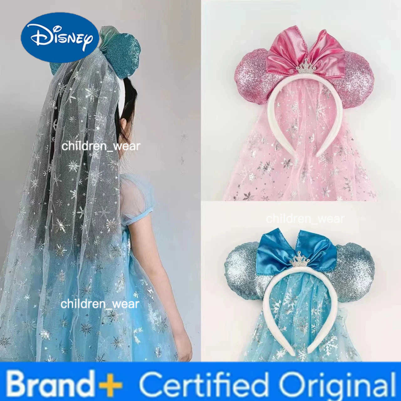 Disney White Wedding Mickey Mouse Headband Frozen Elsa Princess Ears Blue Veil Headband Womens Sequin Bow Crown Park Tiara H251226