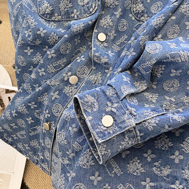 Womens Fashion Printed Jacquard Coats Autumn Winter Casual Long-Sleeved Jackets Loose Shirt Denim Jacket Coat Women