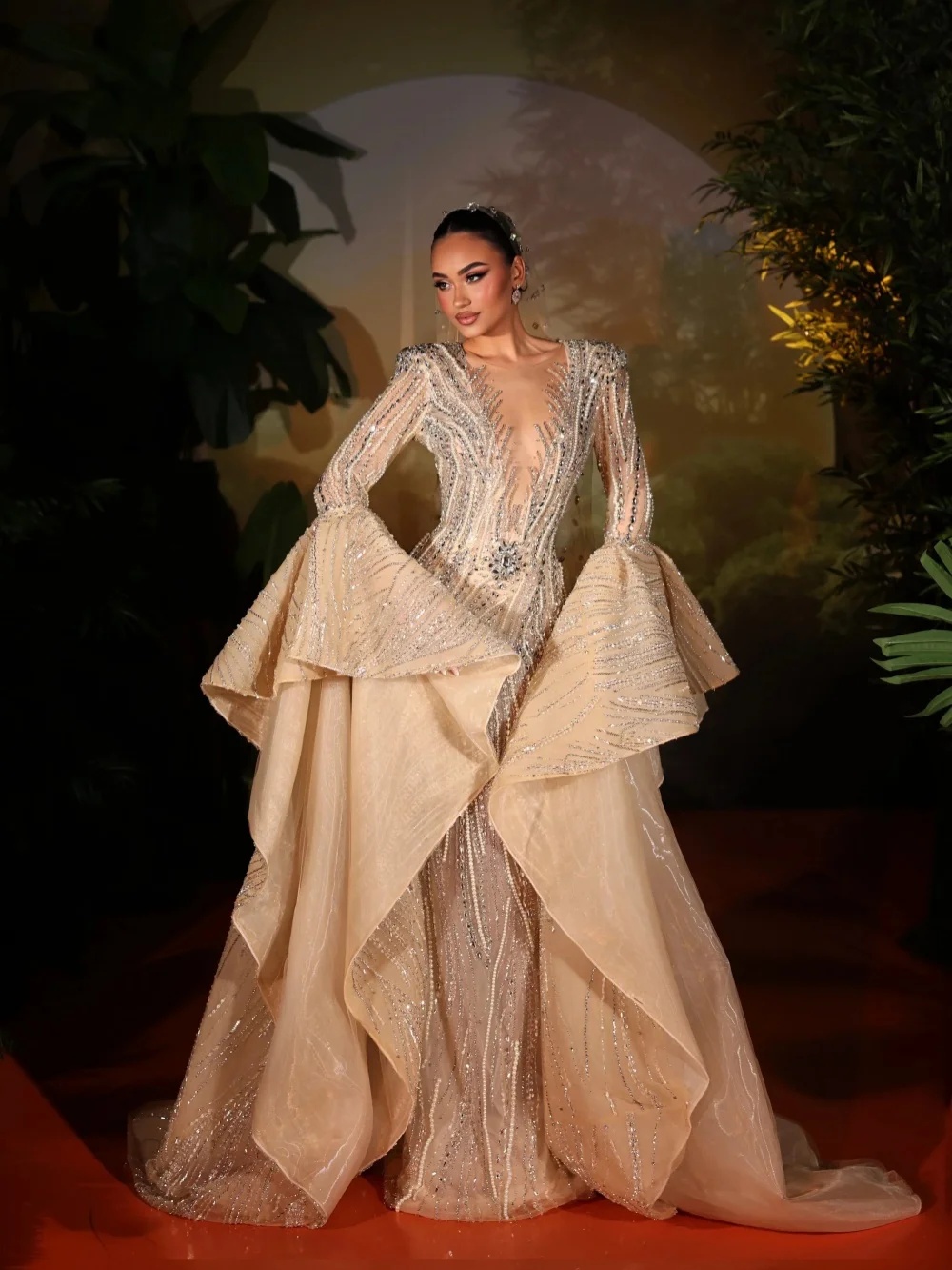 Luxury Wedding Dresses Pearls Crystal Mermaid Bridal Gowns Sequins Beading Flare Sleeve Princess Customized Vestidos De Novia Plus Size