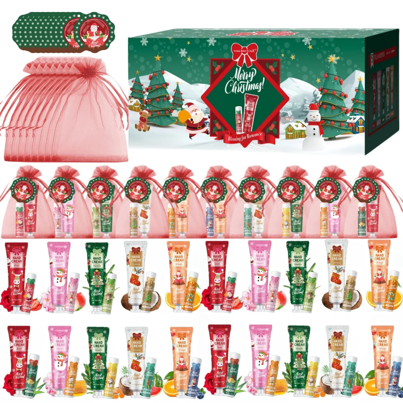 Christmas gift set distribution 120PCS/box in bulk lip balm in bulk hand cream in bulk Christmas cards gift gauze bags 251222