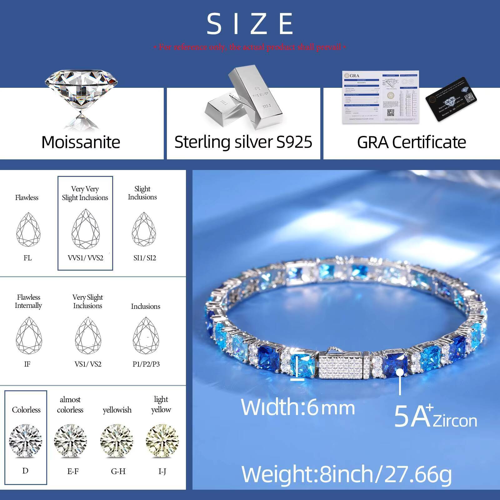 Fashion Gradient Color 6mm 925 Sterling Silver VVS Moissanite Diamond Blue Princess Cut CZ Cluster Tennis Bracelet