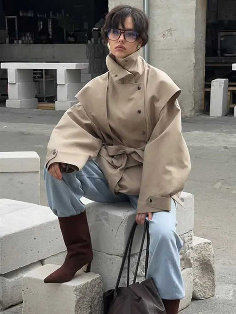 Women Solid Stand Collar Windbreaker Fashion Single Breasted Lace Up Pocket Coat 2025 Autumn Lady New Commuter Daily OutwearT251226