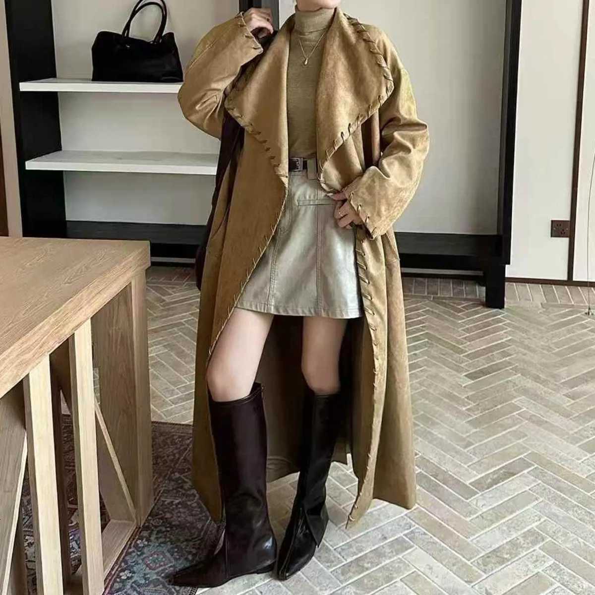 DNBS Womans Coat Pure Color Double-breasted Scarf-style Long Suitable Occasions 2025 Spring Style Length Windbreaker JacketT251226