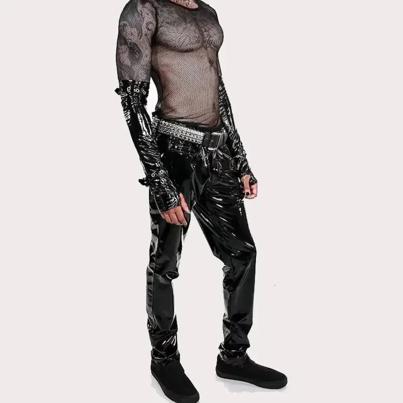 Mens Glossy PVC Leather Wet Look Sleek Biker Pants Rock Punk Stage Club Low Waist Gothic Stretch PU Trousers Custom 251226
