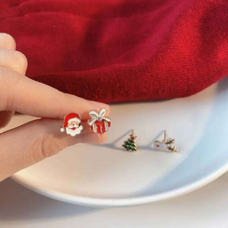 4 Pcs/Set Cute Enamel Christmas for Women Small Elk Bell Xmas Tree Stud Earrings New Year Festival Party Jewelry Gifts 25H1226