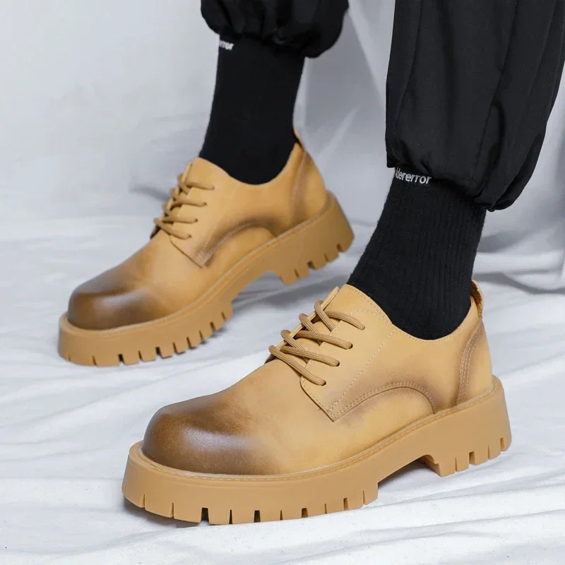 Men Korea Leather Platform Oxfords Slip On Thick Tottom For Male Derby Shoes Casual Loafers Mens Square Toe Formal Dress Shoes 251225