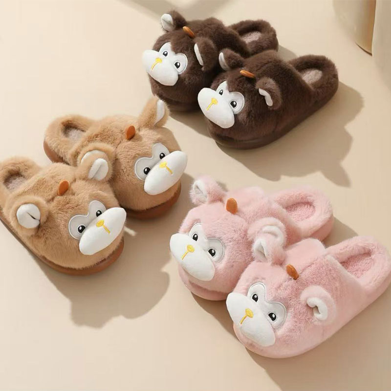 Women's Cute Monkey Slippers for Autumn and Winter - Warm Fleece Indoor Non-Slip Slippers with Thick Sole for Women and Girls