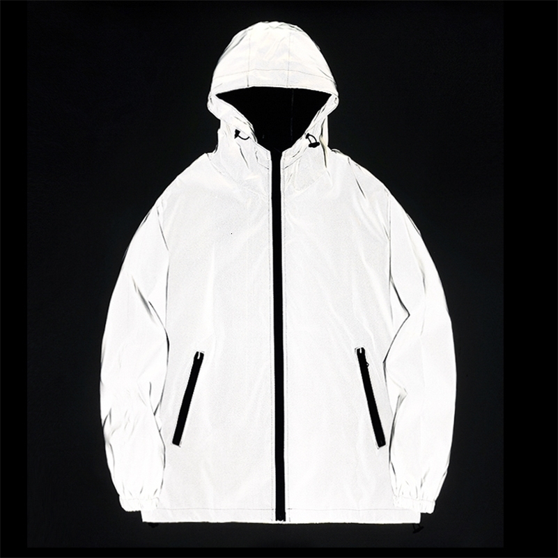 SIZE Night Reflective Jackets Double Fabric Windbreaker Hooded Jacket Men Hip Hop Dancer Waterproof Zipper Coats Outwear 251212