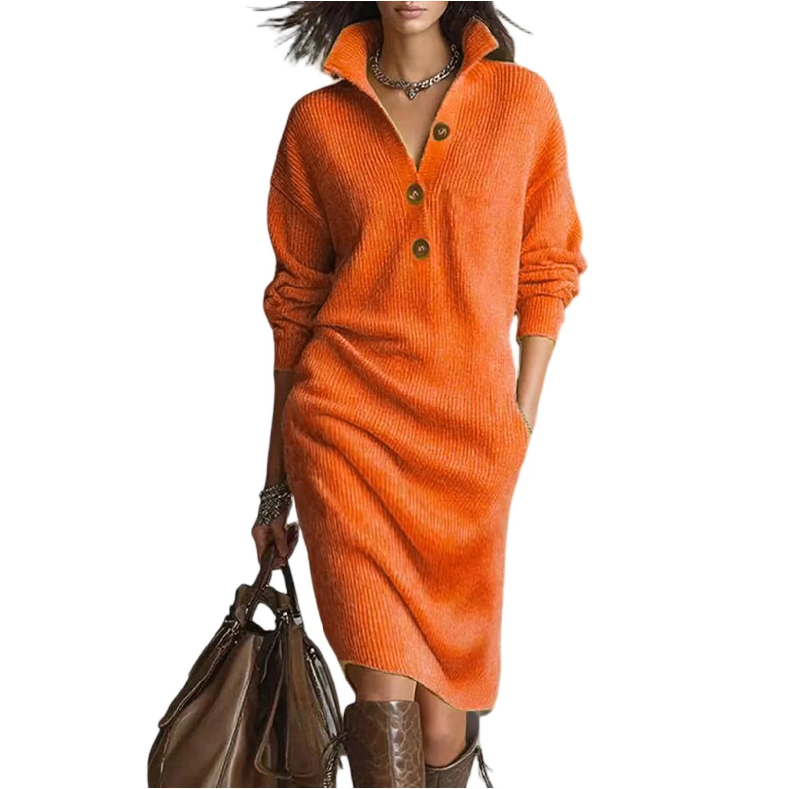 Autumn Casual Button Loose Straight Knitting Mid-Length Sweater Dresses Womens Fashion Lapel Long Sleeve Pocket Party Dress 251225