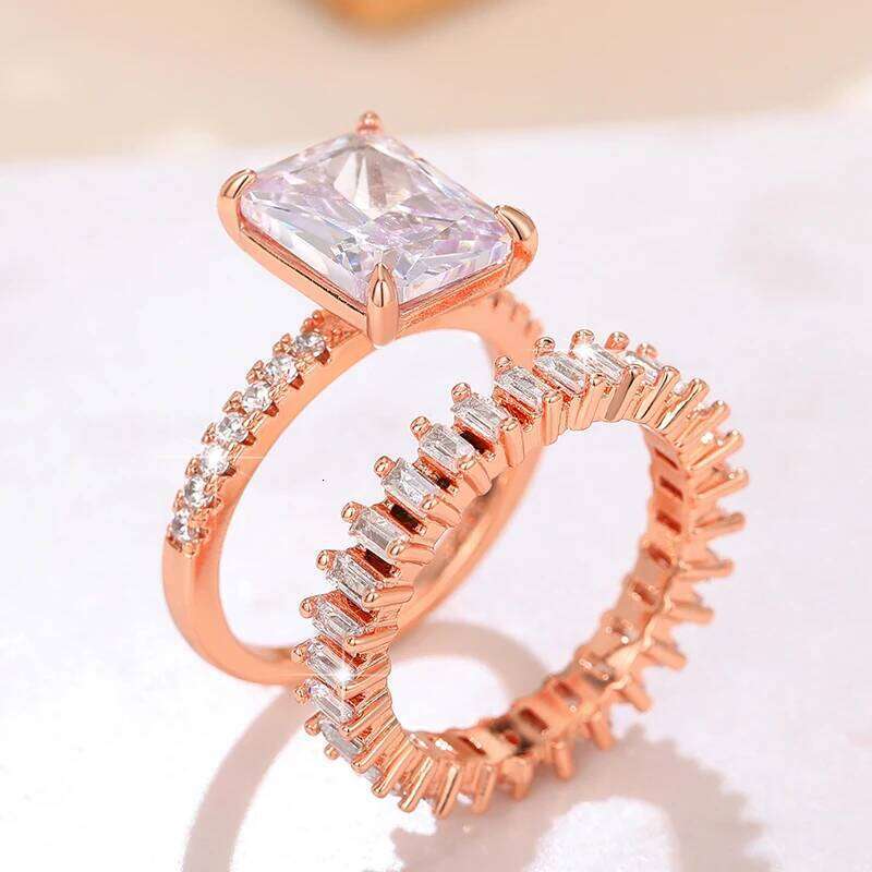 Huitan Newly Designed Rose Gold Color Set Rings for Women Luxury Trendy Wedding Party Accessories Temperament Female Jewelry