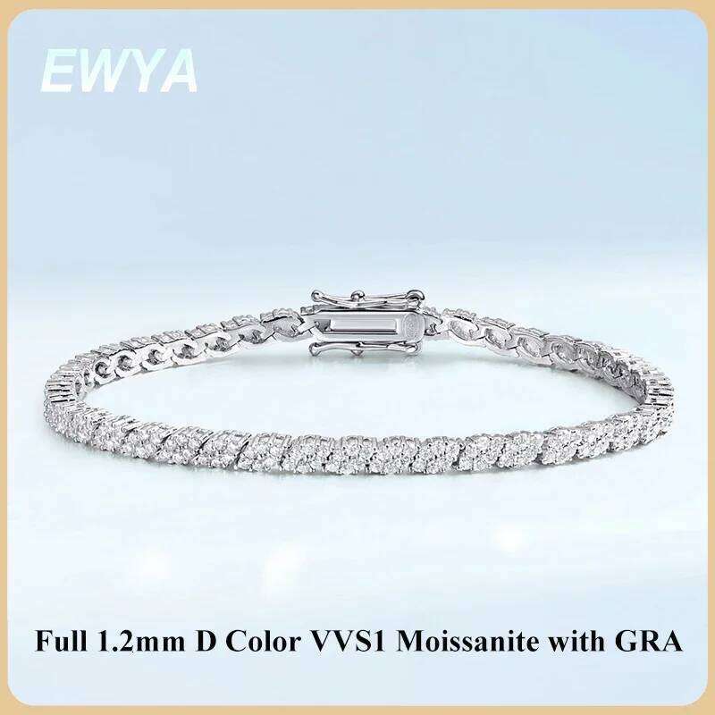 EWYA 2025 New In Rhombus Shape Full 1.2mm D Color Moissanite Tennis Bracelet For Women 925 Silver Diamond Link Chain Bracelets 25T1226