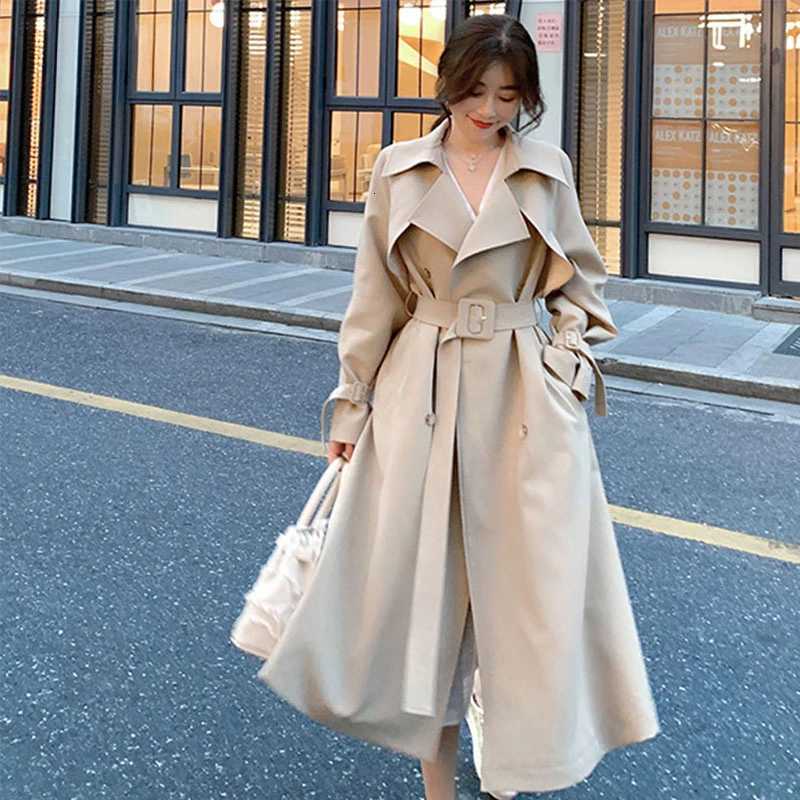 Women High-end Khaki Trench Coat Spring Autumn New Ladies Cloak Wear A Belt Satin Fabric Lined Trench Coat Female WindbreakersT251226