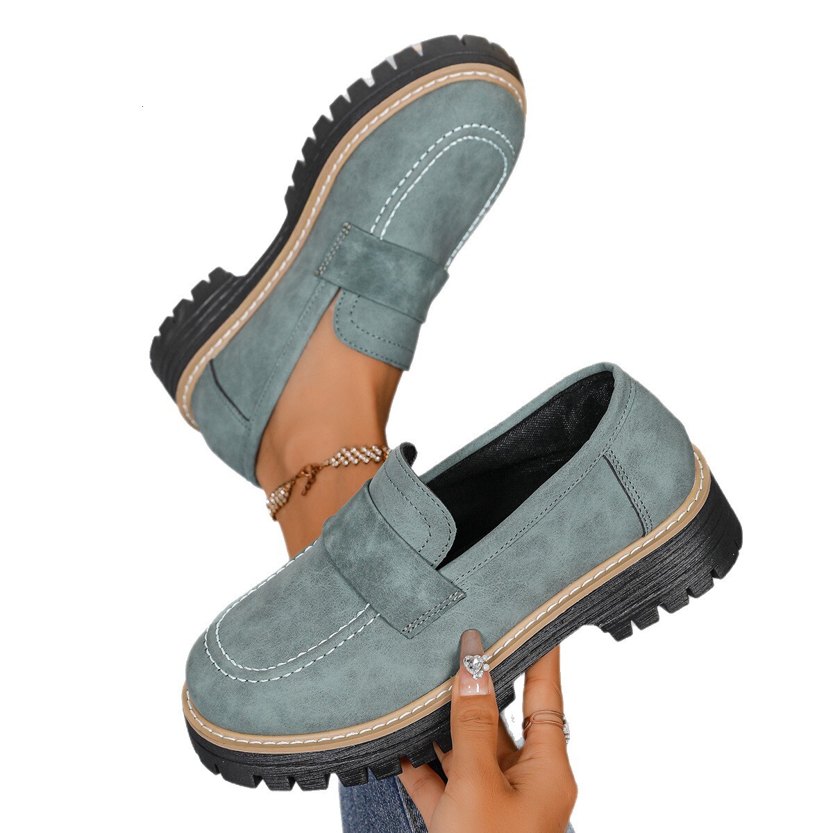 Foreign Trade Large Size British Style Women's Leather Spring Autumn New Fashion Versatile Color Block Casual Chunky Heel Thick Sole Single Shoes