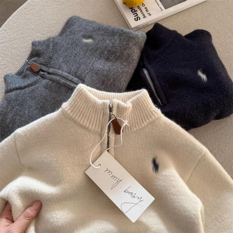 Designer Kids Fleece Lined Sweater Pullover - Boys Girls Toddler Embroidery Half-High Neck Thickened Warm Zip-Up Knit Top Winter Fall