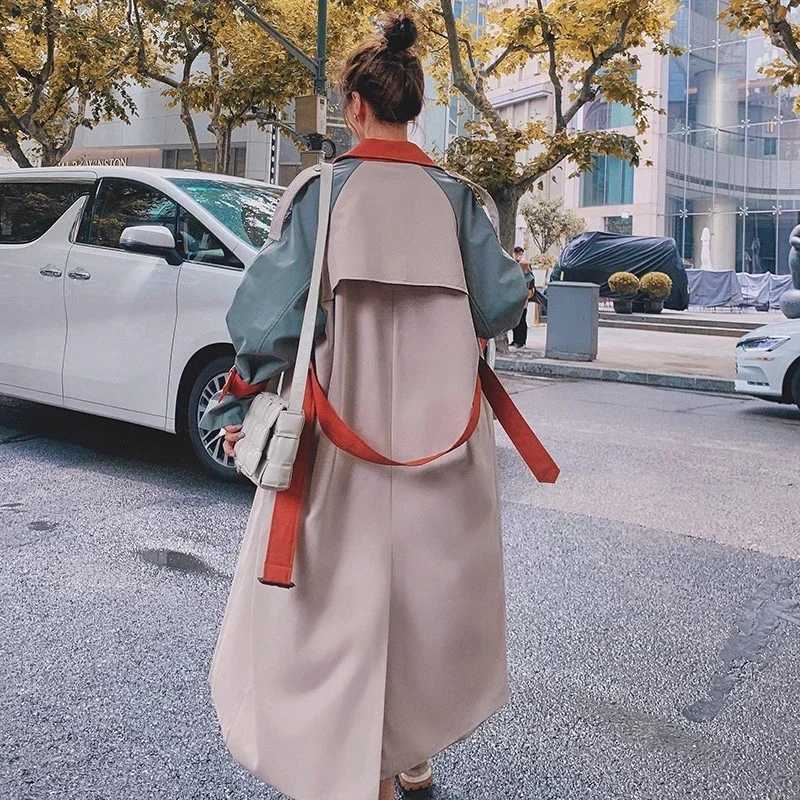 Women Fashion Stitching Contrast Color Trench Coat Ladies Streetwear Trendy Lapel Long Sleeve Double Breasted Jackets OuterwearT251226