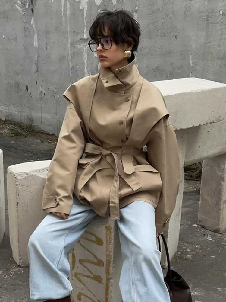 Women Solid Stand Collar Windbreaker Fashion Single Breasted Lace Up Pocket Coat 2025 Autumn Lady New Commuter Daily OutwearT251226