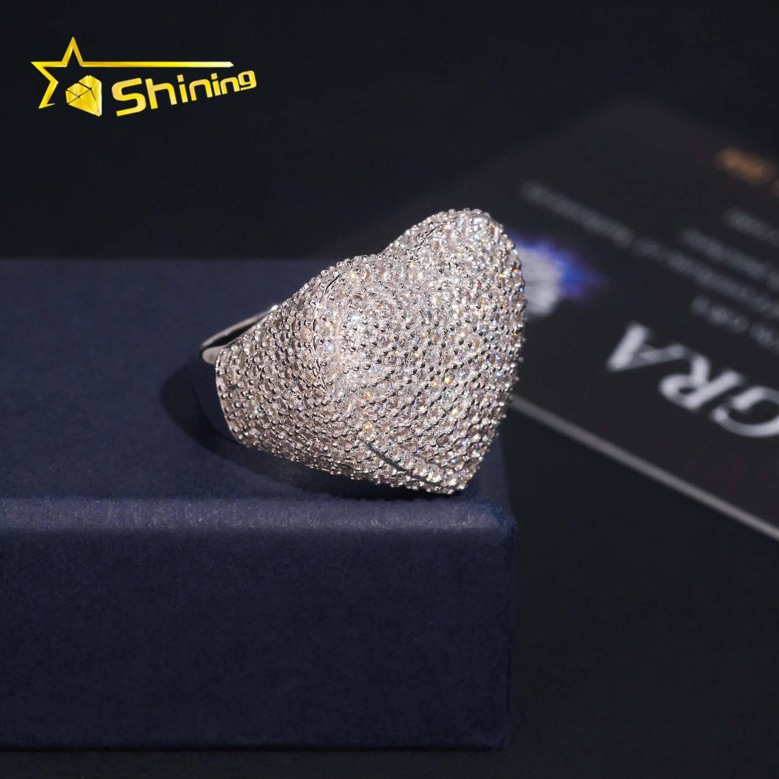 Bulk Stock New Arrivals Drop Shipping Hip Hop Fire Jewelry S925 Solid Silver Fully Iced Out VVS1 Moissanite Diamond Heart Ring