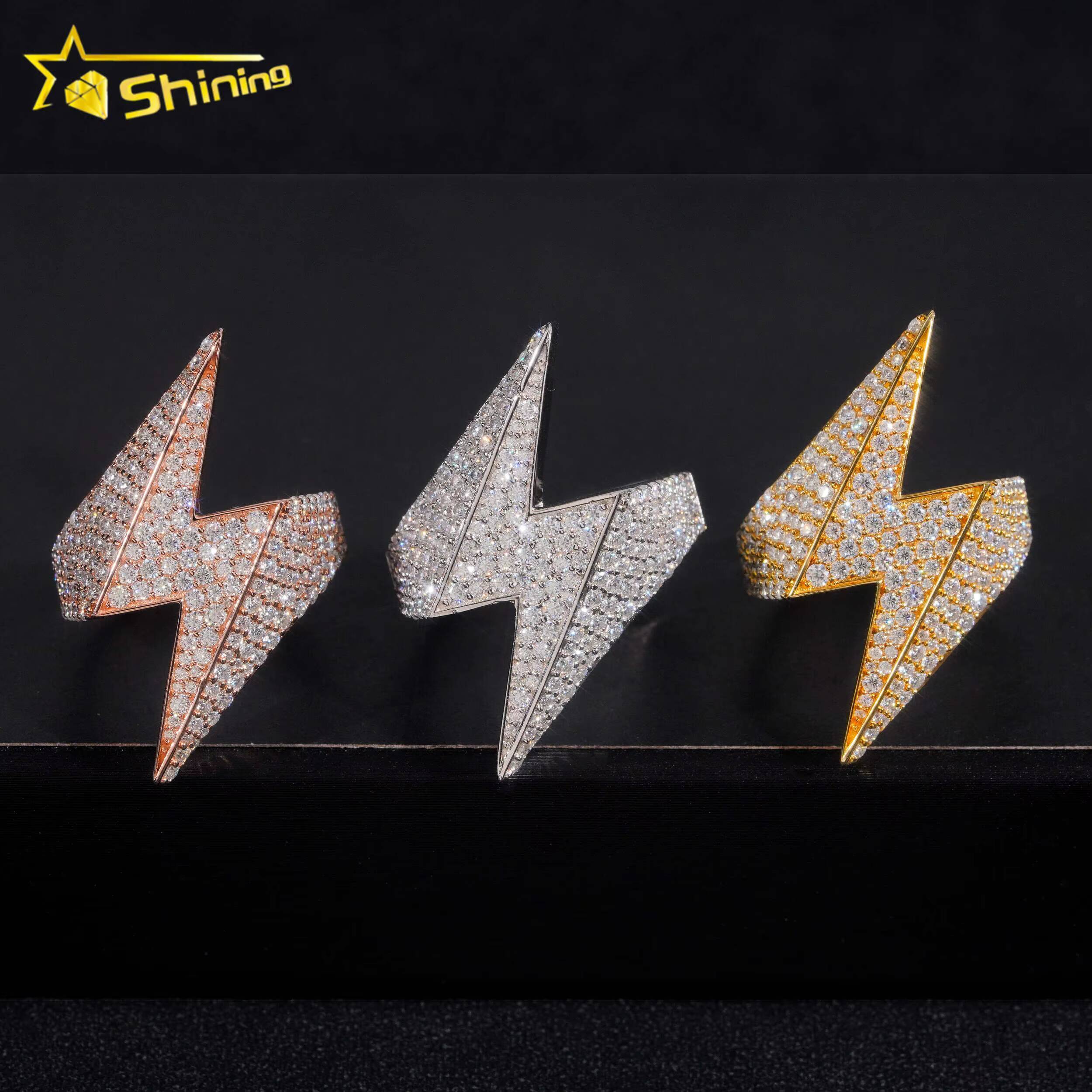 Fine Jewelry Fast Shipping GRA Moissanite 925 Silver Iced Out Hip Hop Lighting Symbol Mens Rings