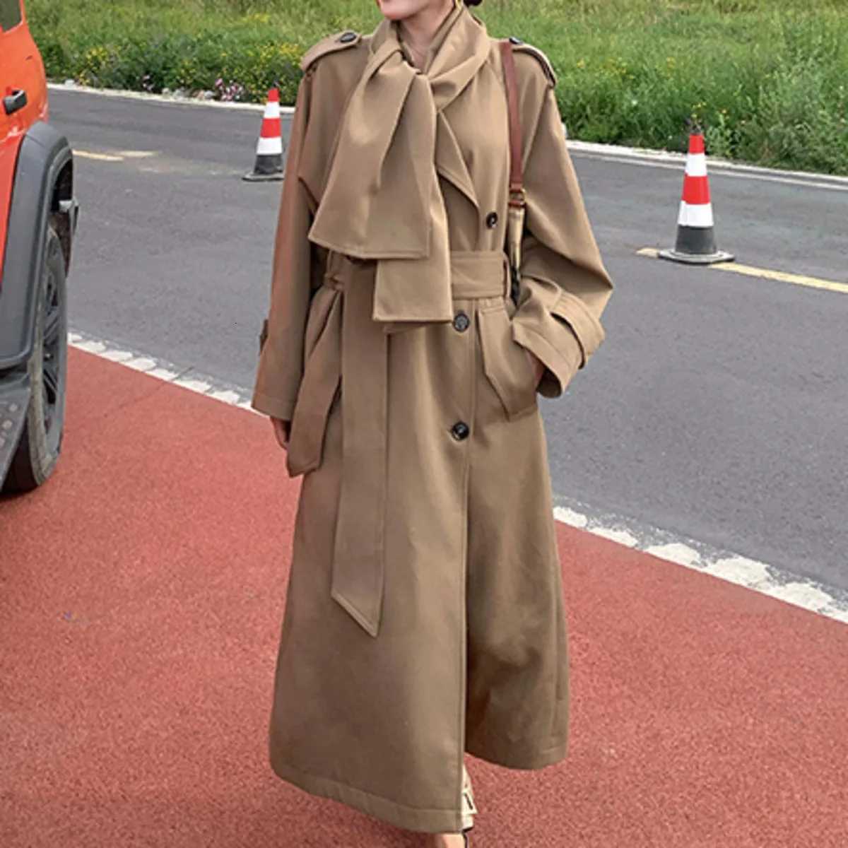 DNBS Womans Coat Pure Color Double-breasted Scarf-style Long Suitable Occasions 2025 Spring Style Length Windbreaker JacketT251226