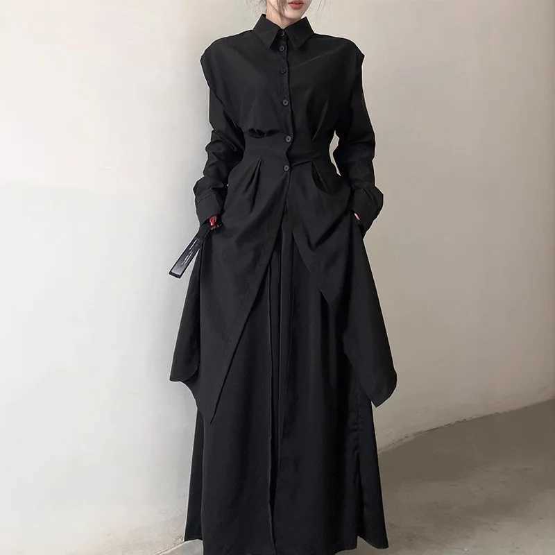 Fashion Womens Long Trench Shirt Dress Minimalism Black Dark Style Y2k Punk Streetwear Casual Womens Clothes YY Japan StyleT251226