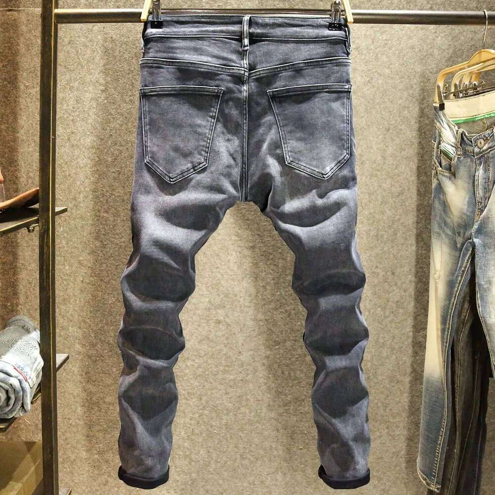 2025 New Autumn Winter Black And Gray Jeans Men's High-End Locomotive Long Splicing Wear-Resistant Slim-Fitting Pants