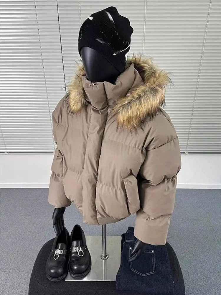 American Short Fur Collar Jacket Men Hooded Parka Jacket Hooded Long Sleeve Winter Casual Loose Cardigan Harajuku Zipper Coat 251222