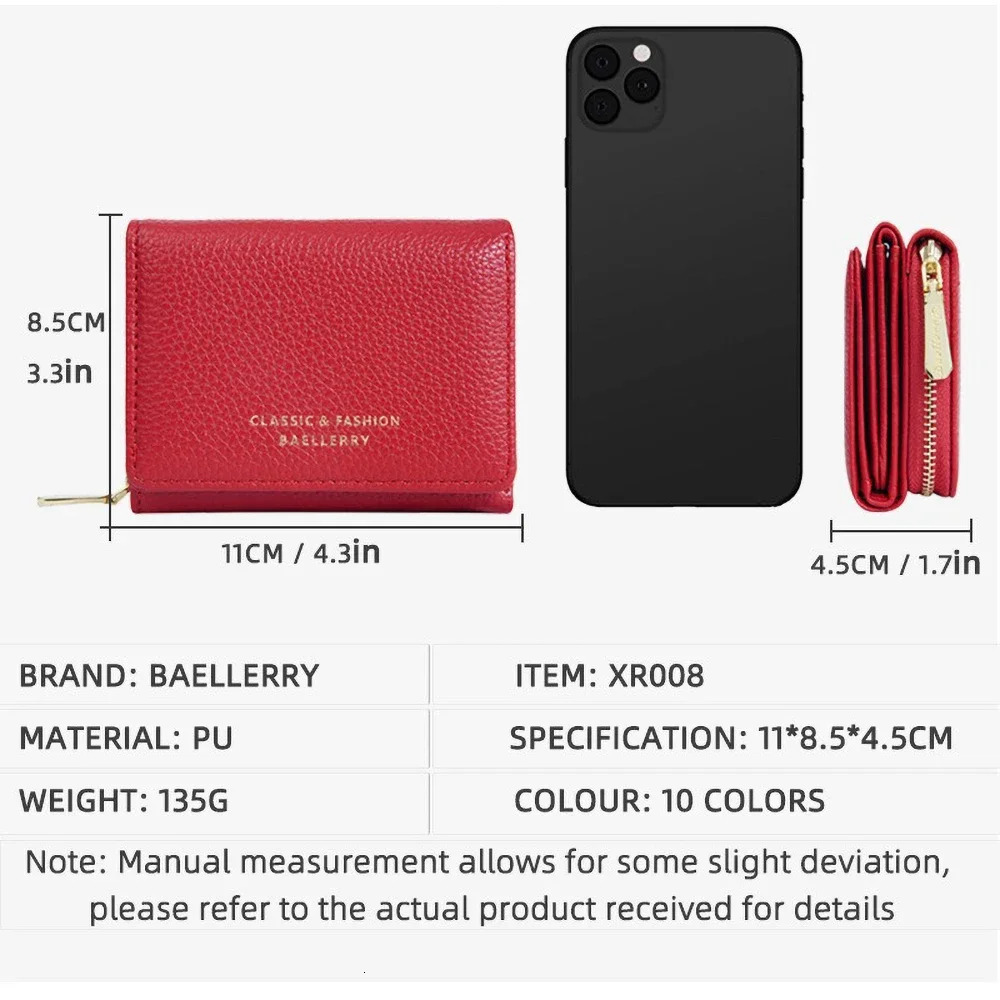 Premium Short Tri-Fold Wallet for Women - Slim Lychee Pattern Leather with Coin Pocket 6 Card Slots 251225