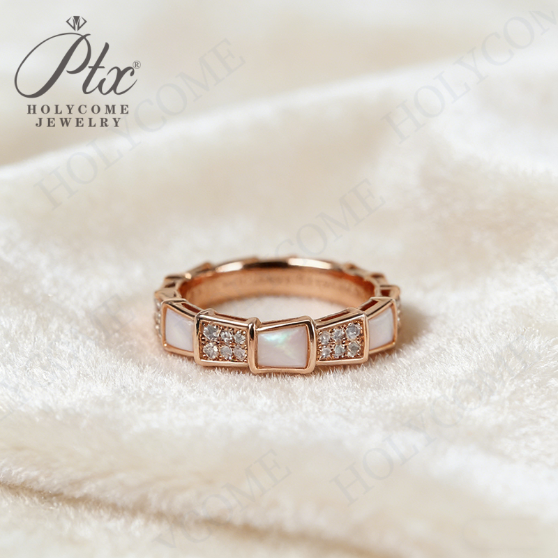 Boutique High Snake Bone Ring Plated with 18k Rose Gold Full of Zircon Diamonds White Mother of Pearl Snake-shaped Ring