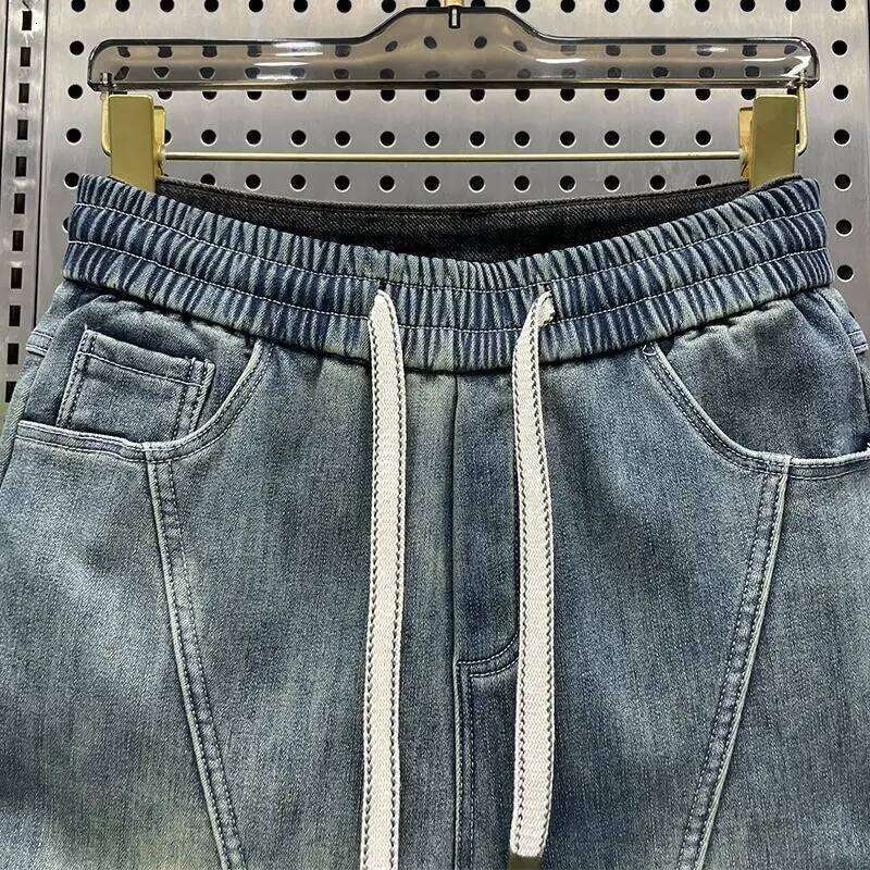 Trendy Men's Splicing Casual Elastic Waist Blue Old Jeans Loose And Versatile Fashion Harlan Pants