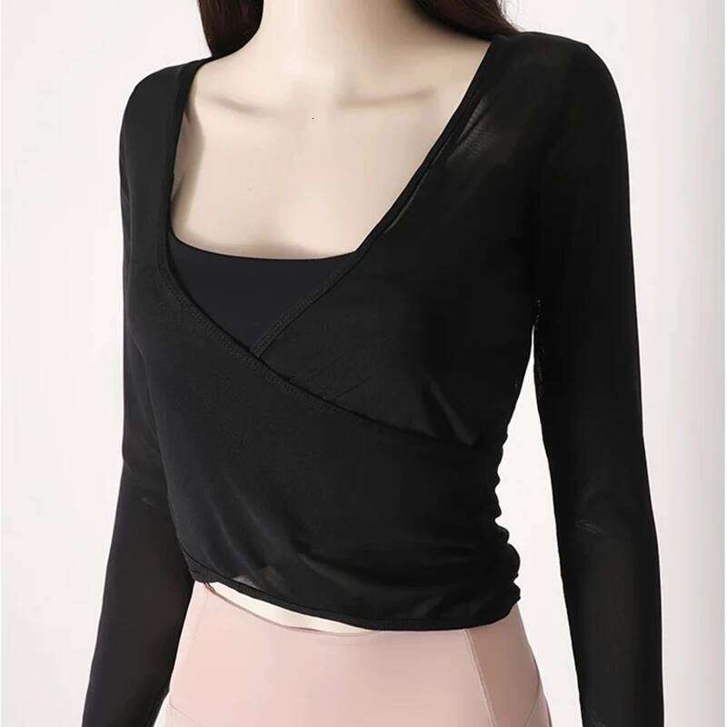 Quick Drying Yoga Sports Top V-Neck Cross Waist Mesh Breathable Fitness Long Sleeve Cover up for Women 25T1226