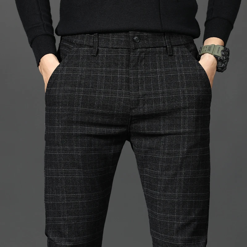 Black Pants Men Plaid Trousers Spring Autumn Fashion Slim Gray Stripe Slacks 2838 Pantalones Hombre 251226
