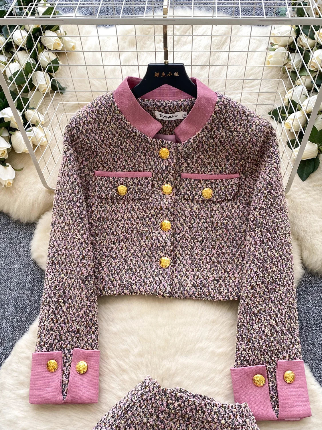 Faionable Tweed Set Womens Autumn Sli AntiAging Long Sve Metal Bule Wide Leg ort Skirt High Waist Pleated 251211