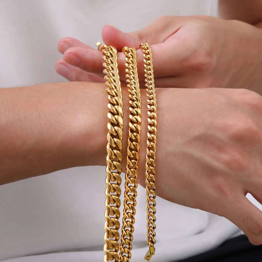 Gold Color Cuban Bracelets for Men,6/8/10/12MM Stainless Steel Chain Link Wristband,Casual Hip Hop Male Jewelry Gift 25T1226