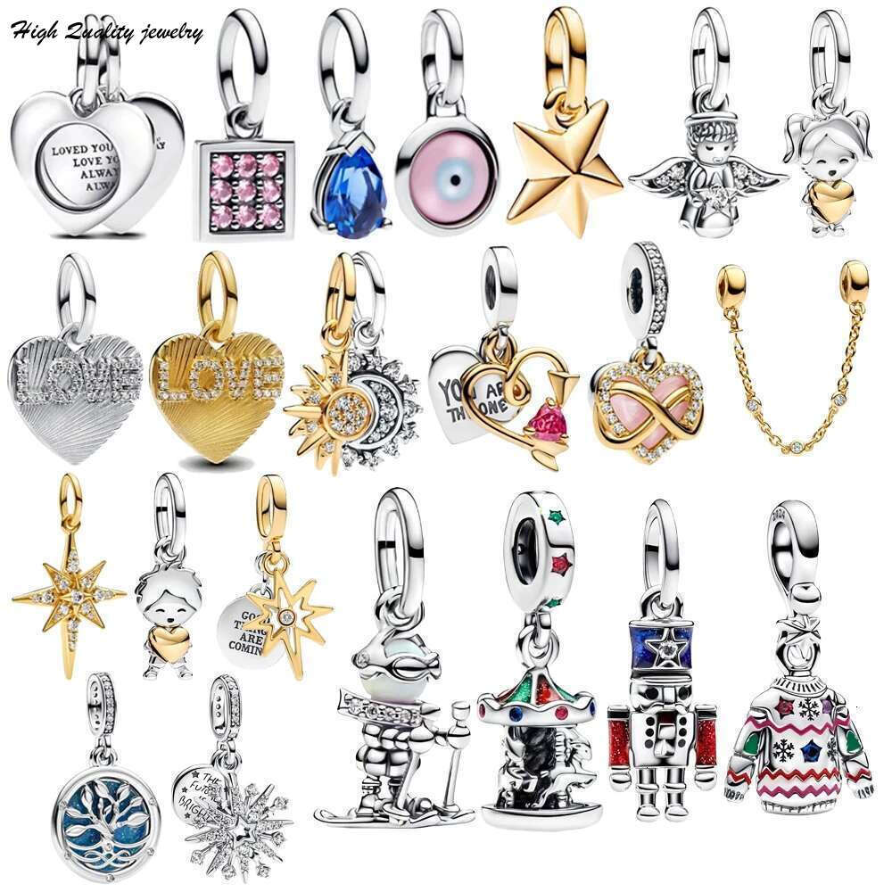 Classics 925 Sterling Silver Carousel Beads Sparkling Stars Sun Moon Combination Pendant Double Hearts Dangle Charm Fit DIY Bracelet Necklaces Jewelry wholesale