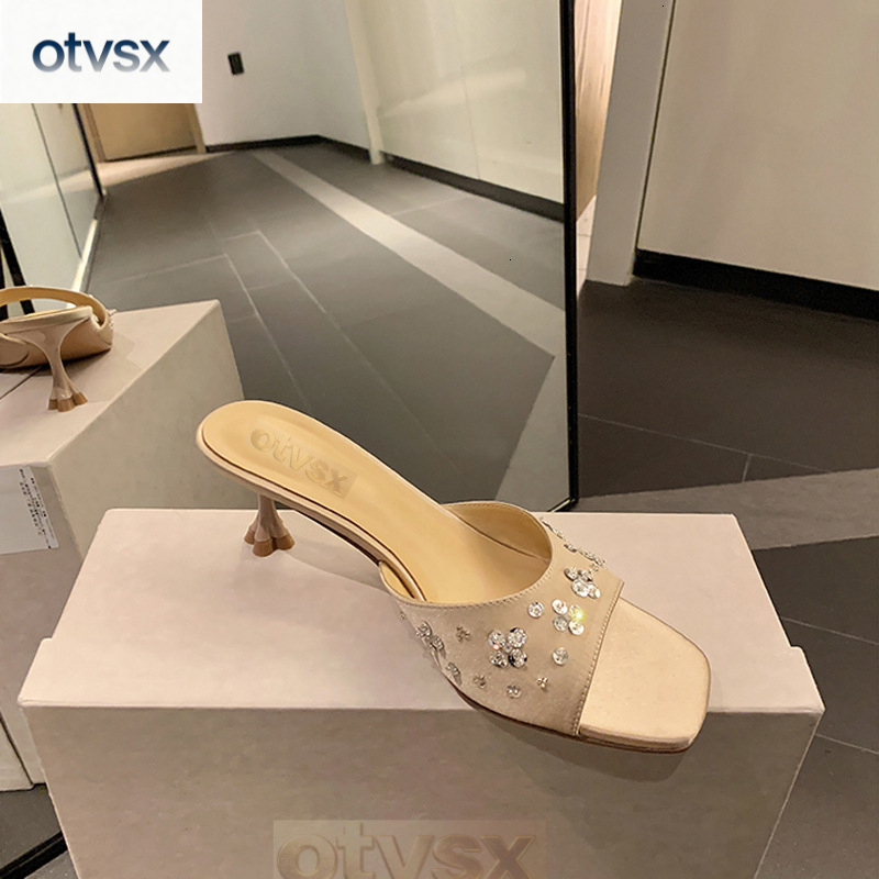 Otvsx autumn and winter new French square toe luxury sandals with sexy and charming design, petal rhinestone elegant women's high heels