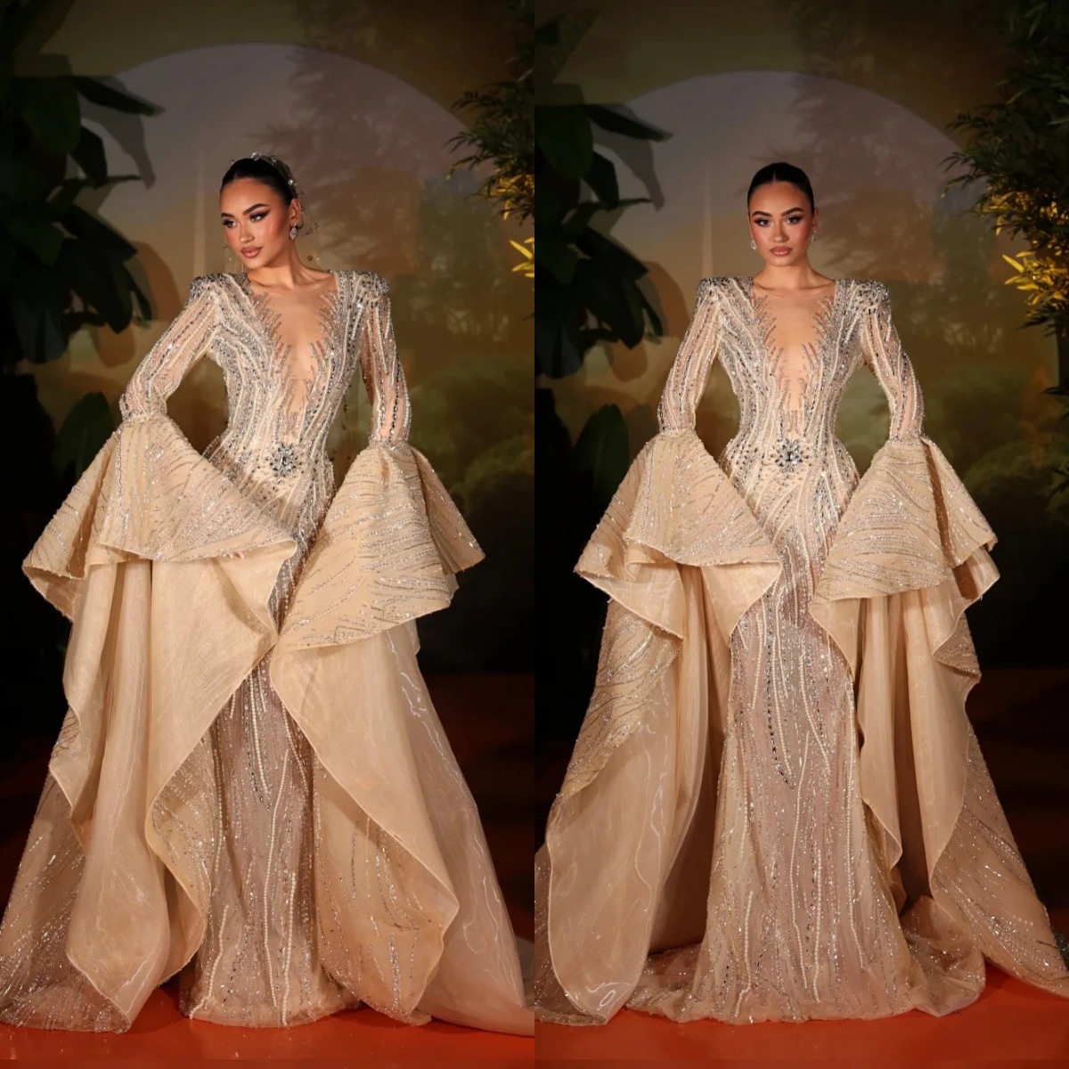 Luxury Wedding Dresses Pearls Crystal Mermaid Bridal Gowns Sequins Beading Flare Sleeve Princess Customized Vestidos De Novia Plus Size