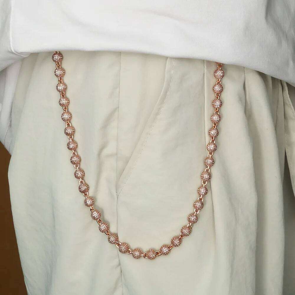 jewelry Rose Gold Plated Iced Out Pants Chain Women's Micro Pave CZ Round Bead Keychain Jewelry Hip Hop Fashion Gift