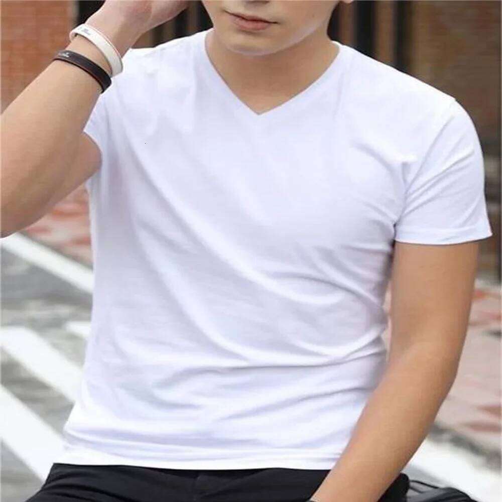 Men's Summer Trendy Bottom V-Neck White High Quality Fabric Pure Cotton Short Sleeved Casual T-Shirt