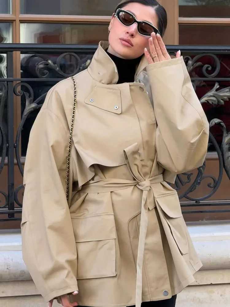 Women Casual Solid Lace Up Overcoats Female Lapel Double-breasted Long Sleeve Windbreaker 2025 New Fashion Autumn StreetwearT251226