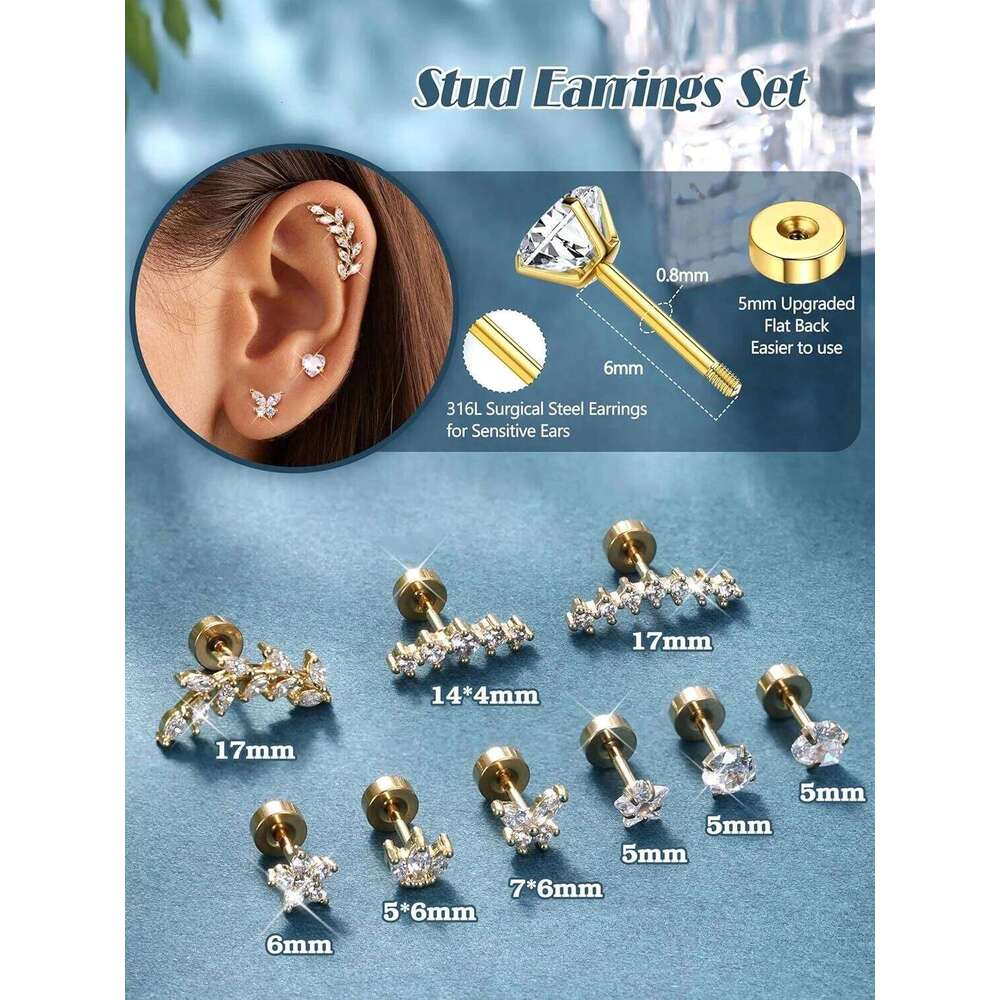 Bobisty Surgical Steel Cartilage Studs Earrings Hypoallergenic Earring Set Flat Back Helix Tragus Piercing Jewellery for Women 25H1226