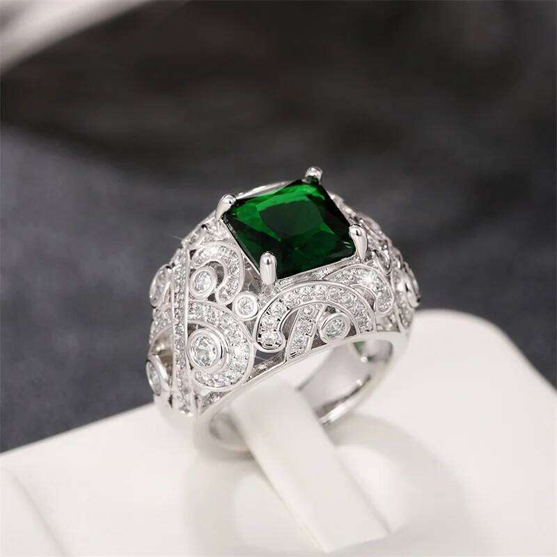 Huitan Fashion Women Finger Elegant Square Green/White CZ Rings for Anniversary Party Fancy Birthday Gift Luxury Jewelry