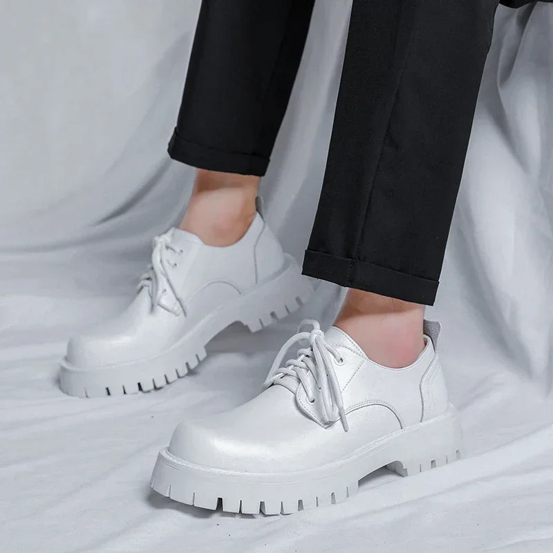 Men Korea Leather Platform Oxfords Slip On Thick Tottom For Male Derby Shoes Casual Loafers Mens Square Toe Formal Dress Shoes 251225