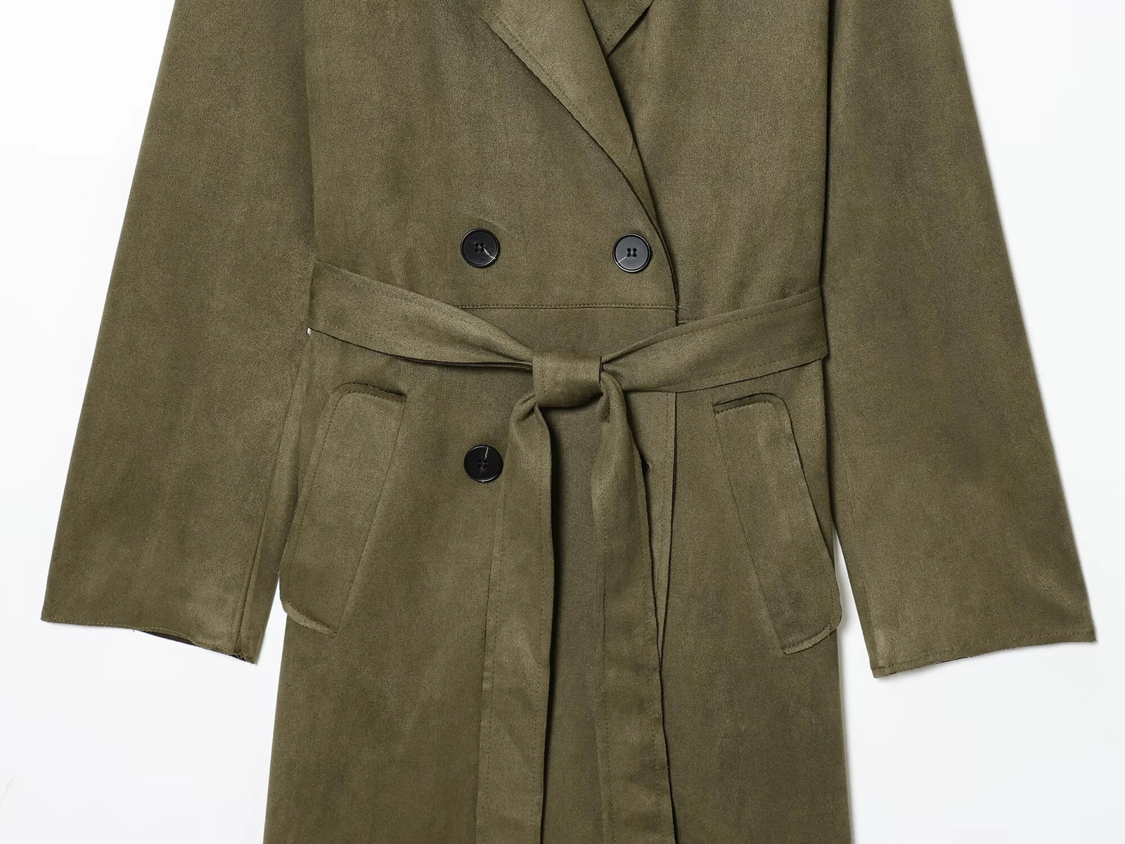 Winter Womens Casual Fashionable Simple Lapel Double-Breasted Long Trench Coat with Belt and Suede 251222