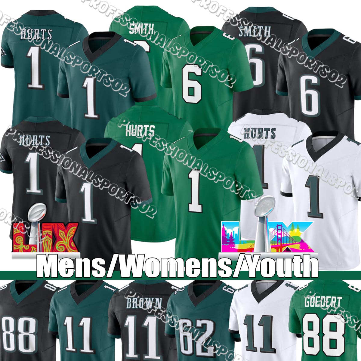 Philadelphiacity Eagleses jerseys Jalen Hurts Saquon Barkley DeVonta Smith A.J. Brown Jason Kelce #1 Hurts #26 Barkley #6 Smith #11 Brown #62 Kelce #33 DeJean #20 Dawkins