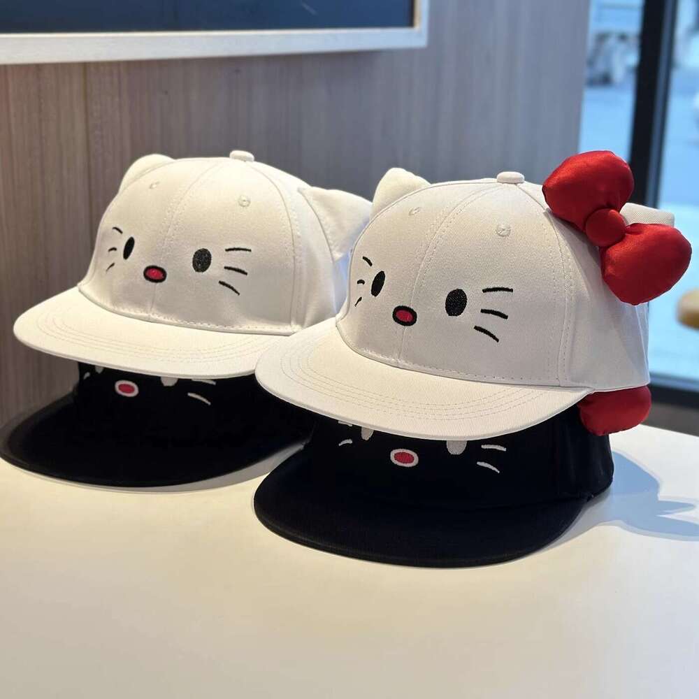 Women Baseball Cap Cute Kitty Cat Embroidered Bow Flat Brim for Protection Summer Cartoon Versatile Sunshade Sun