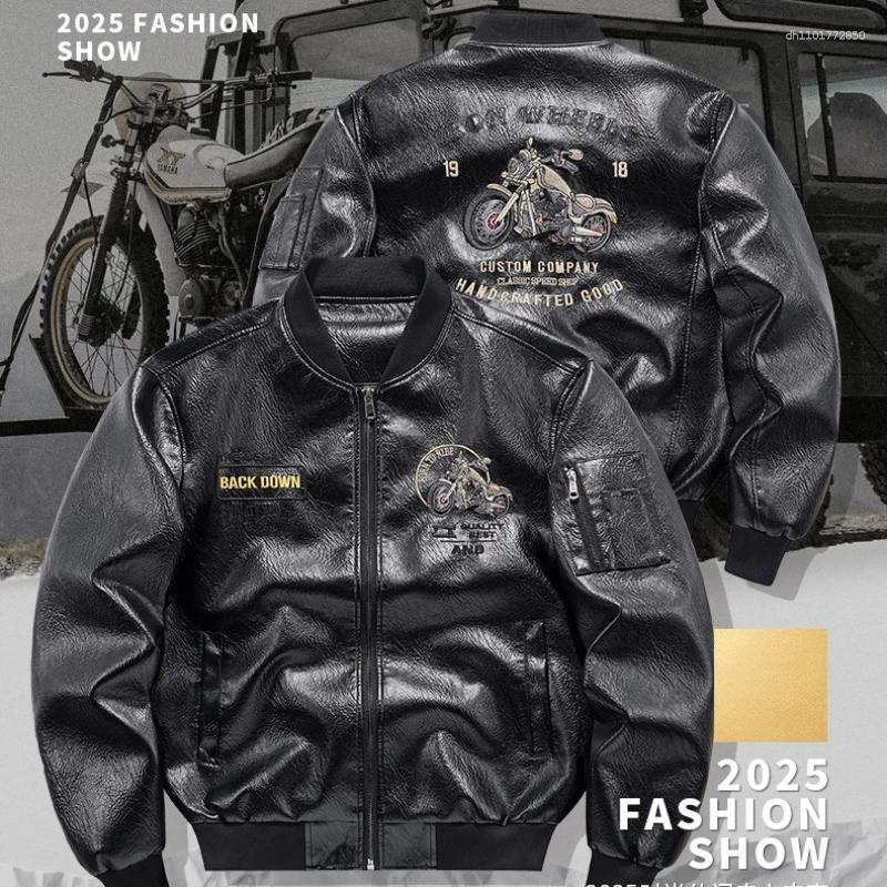 Men's Jackets Emboridery Motorcycle Leather Jacket Autumn American Motorbiker Coat Men Baseball Collar Pilot Casual PU