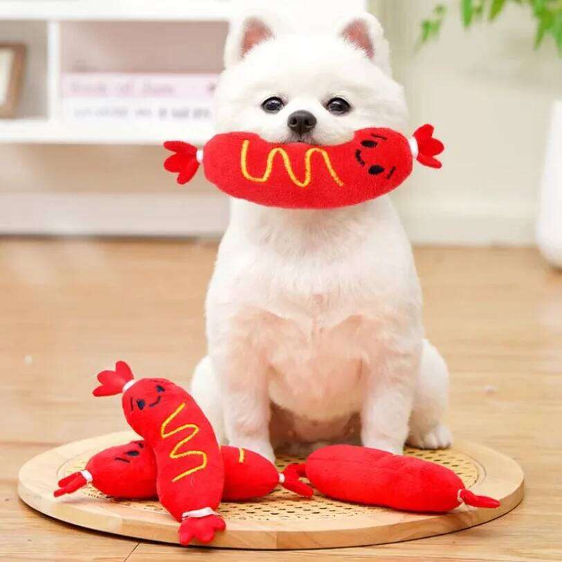 Sound Hot Dog Chewing Pet Grinding Teeth Squeaky Plush Puppy Bite-resistant Interactive Chew Toy 25N1226