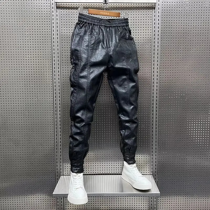 Hip Hop Mens Leather Pants Harajuku Retro Loose Casual Trousers Straight Solid Color Black Streetwear Motorcycle Pan 251226